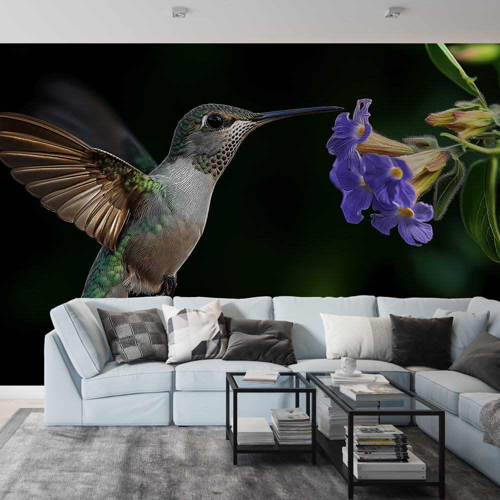 Hummingbird Wallpaper | Vibrant Bird Feeding on Violet Flowers