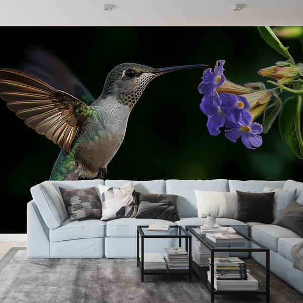Hummingbird Wallpaper | Vibrant Bird Feeding on Violet Flowers