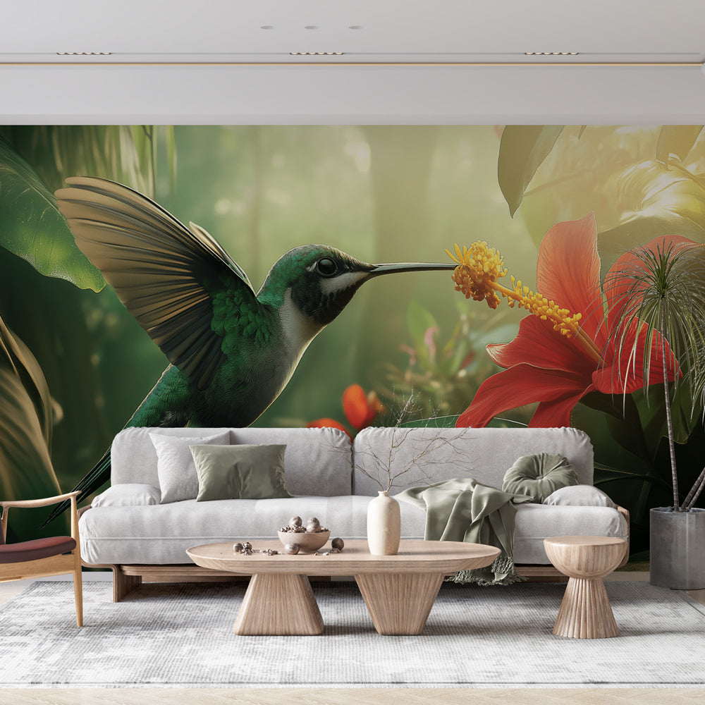 Hummingbird Wallpaper | Vibrant Bird Feeding on Bright Red Flower