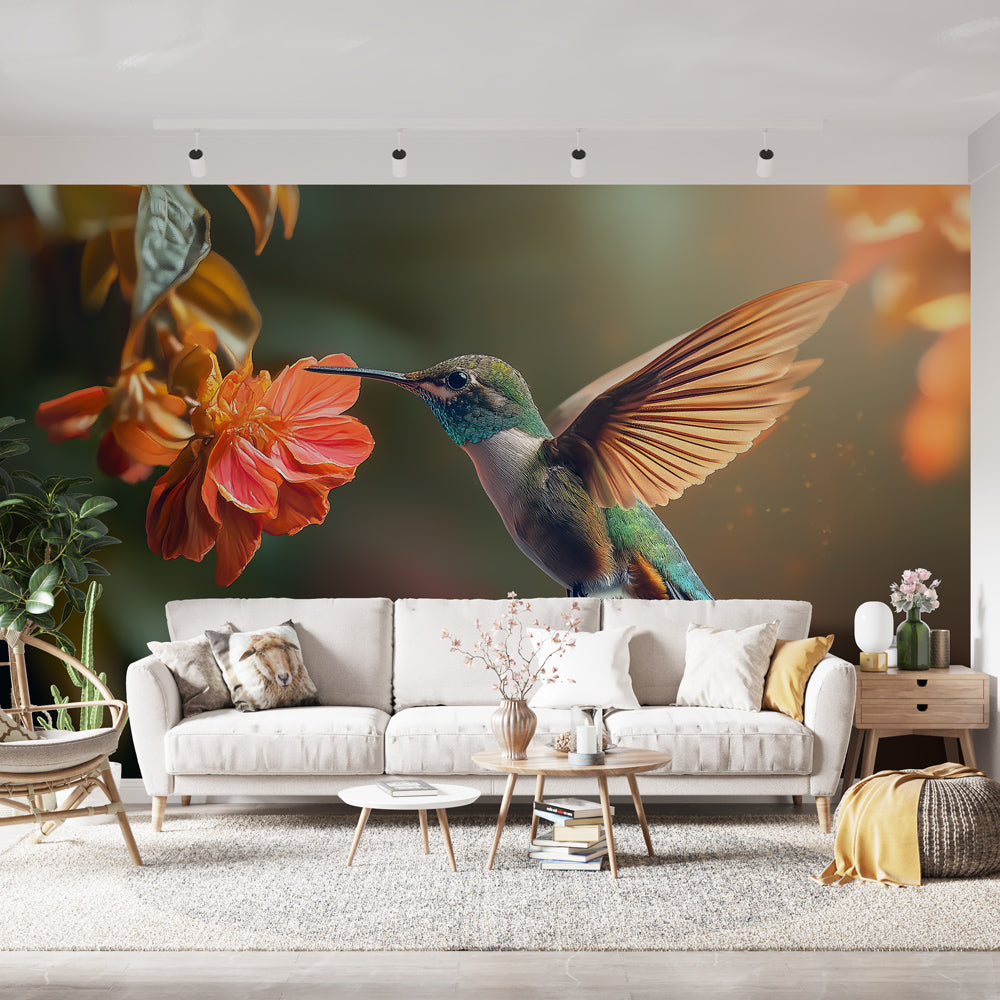 Hummingbird Wallpaper | Vibrant Bird in Flight Toward Bright Flower
