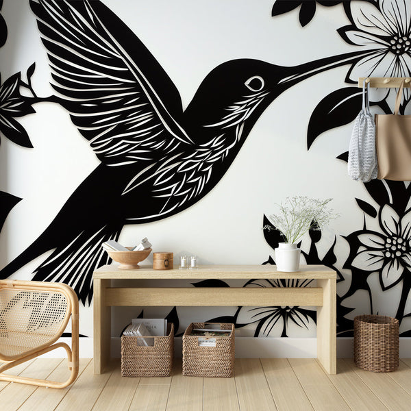 Hummingbird Wallpaper | Elegant Black and White Bird with Flowers