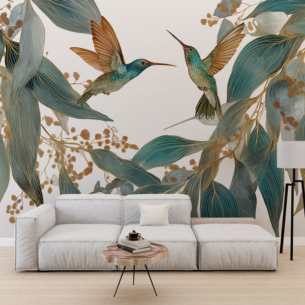 Hummingbird Wallpaper | Turquoise Leaves and Gold Flower Mural