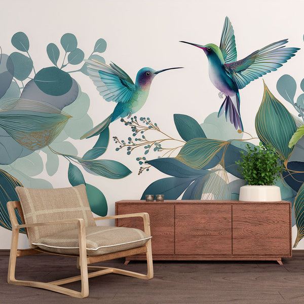 Hummingbird Wallpaper | Hanging Garden of Blue Green Leaves