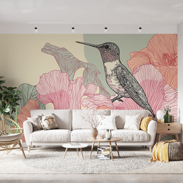 Hummingbird Wallpaper | Delicate Bird Among Stylized Blooms
