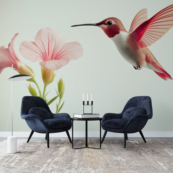 Hummingbird Flowers Wallpaper | Elegant Bird Toward Pink Blooms