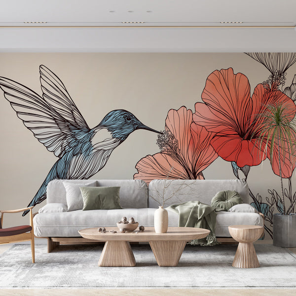 Hummingbird Wallpaper | Floral Elegance with Hibiscus Blooms