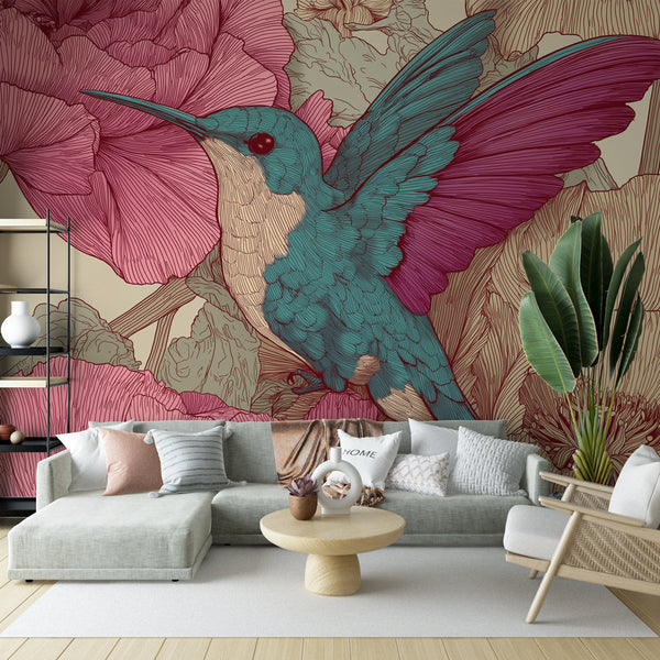 Hummingbird Wall Mural | Bird Among Lush Pink Blossoms