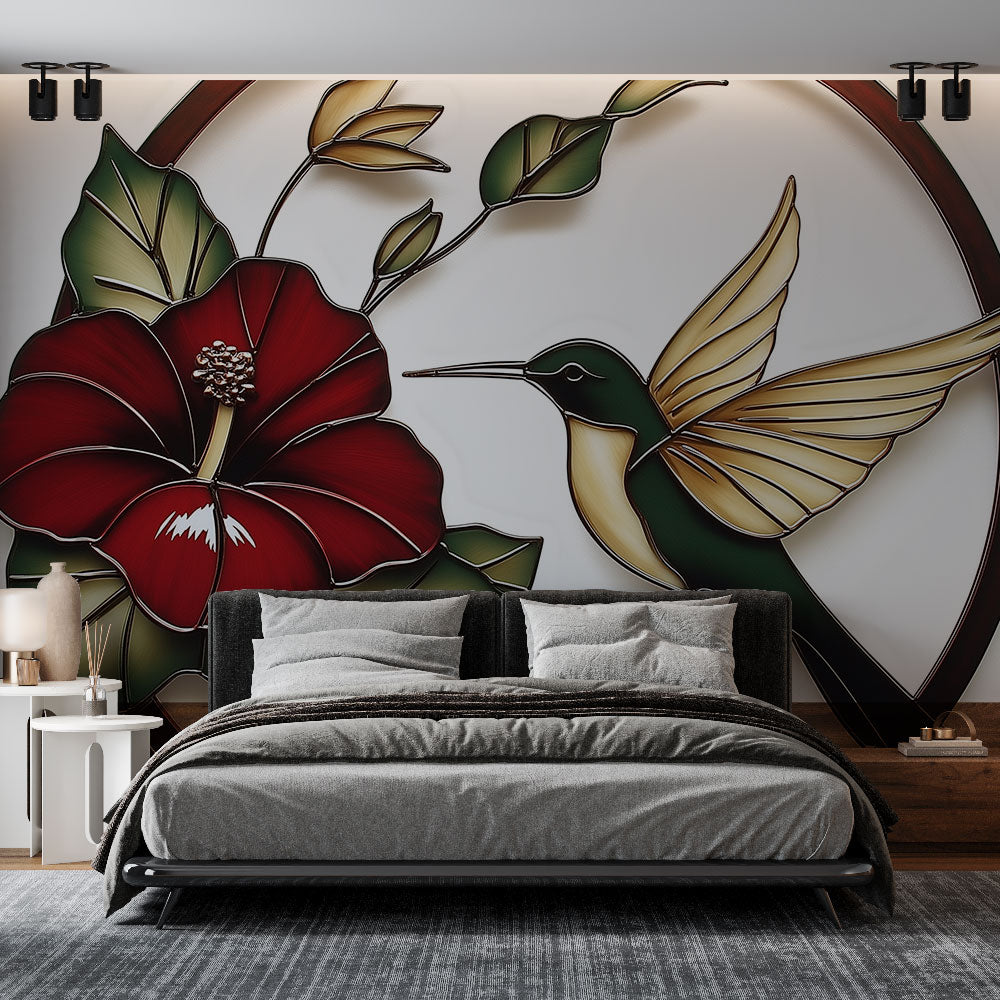 Hummingbird Hibiscus Wallpaper | Elegant Metallic Floral Mural