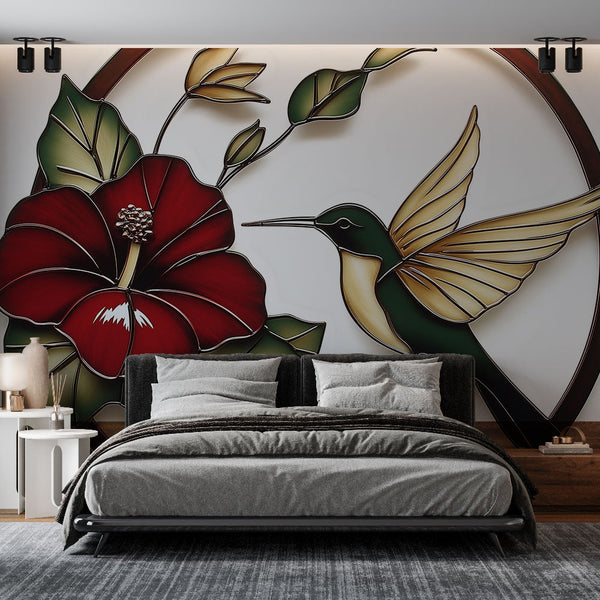 Hummingbird Hibiscus Wallpaper | Elegant Metallic Floral Mural