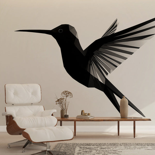 Geometric Hummingbird Wallpaper | Polygonal Black White Pattern