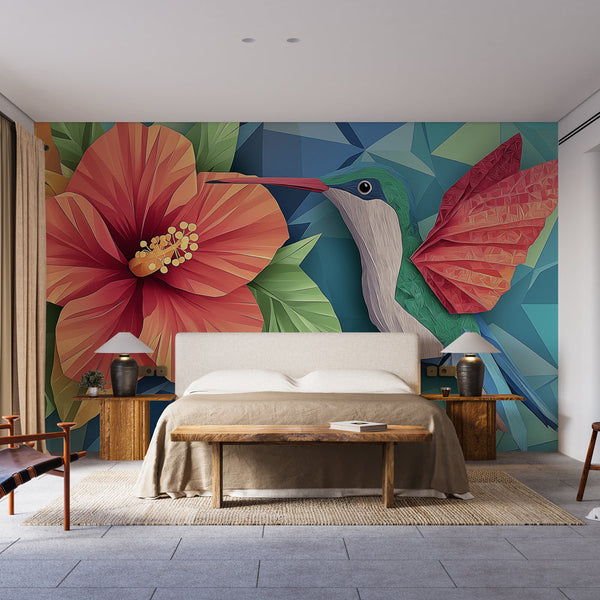 Hummingbird Wallpaper | Colorful Hibiscus Bird Origami Pattern