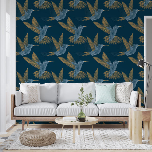 Hummingbird Wallpaper | Birds in Flight on Midnight Blue