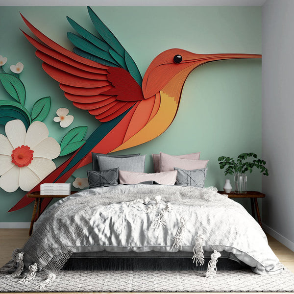 Hummingbird Wallpaper | Paper Art with Colorful Bird and Flowers