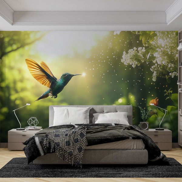 Hummingbird Wallpaper | Fairytale Bird Above Lush Flowers