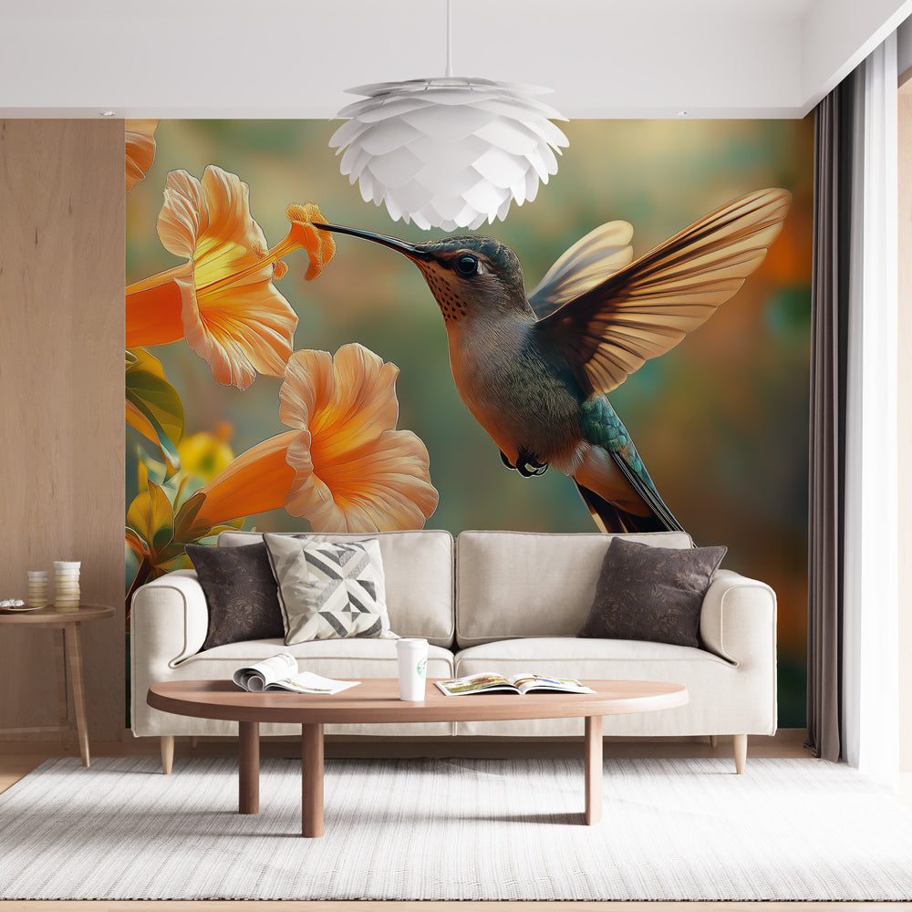 Hummingbird Wallpaper | Colorful Bird Feeding on Bright Flowers