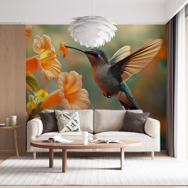 Hummingbird Wallpaper | Colorful Bird Feeding on Bright Flowers