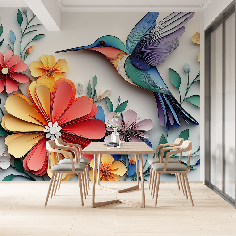 Hummingbird Wallpaper | Colorful Bird with Paper-Cut Flowers
