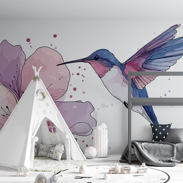 Hummingbird Wallpaper | Bird in Flight Over a Pink Bloom