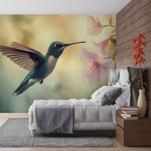 Hummingbird Wallpaper | Vibrant Bird Among Delicate Pink Flowers