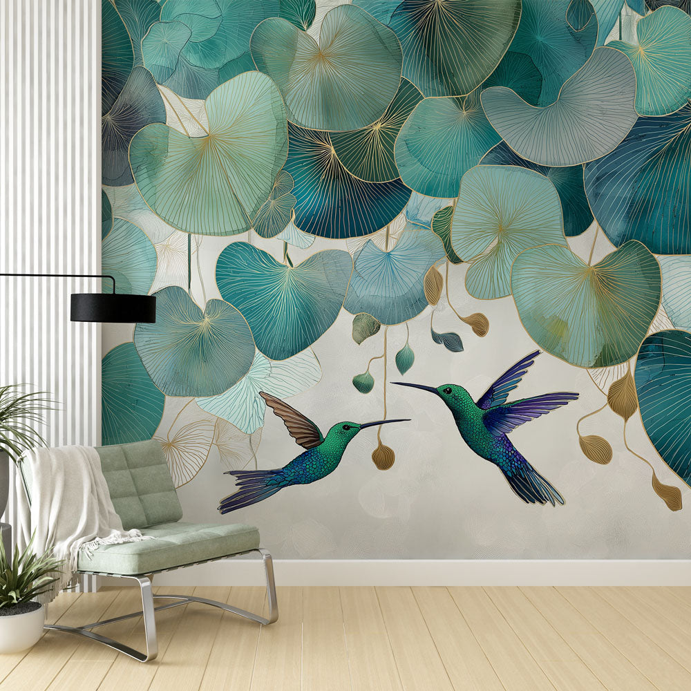 Hummingbird Wallpaper | Birds & Aquatic Leaves in Green