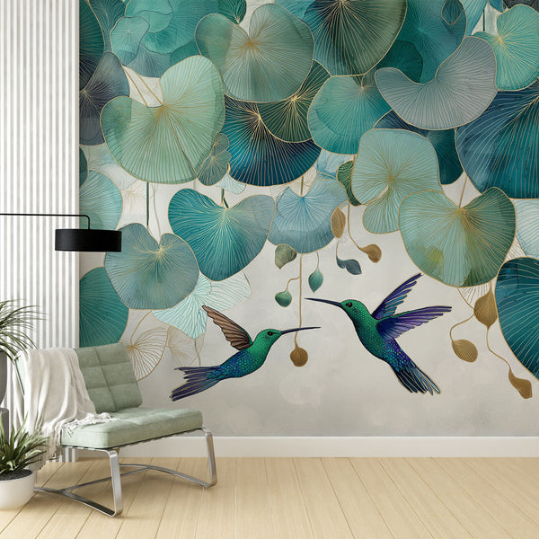 Hummingbird Wallpaper | Birds & Aquatic Leaves in Green