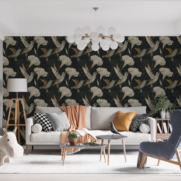 Hummingbird Wallpaper | Birds and Flowers on Dark Wall Mural