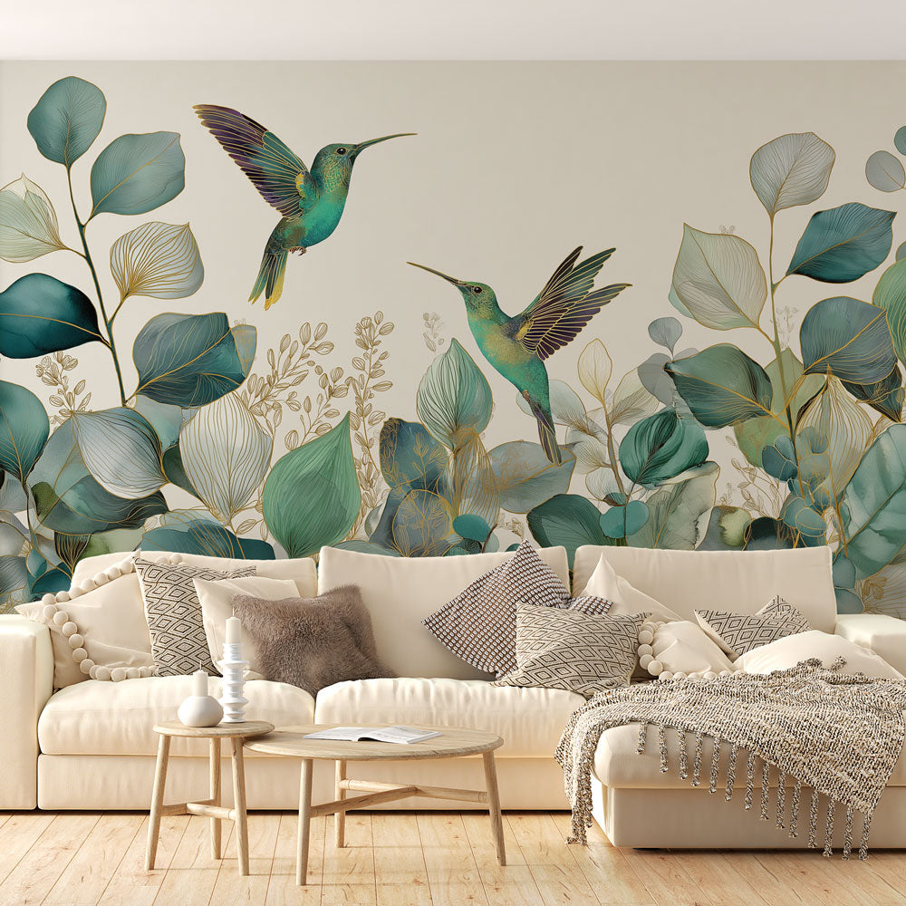 Hummingbird Wallpaper | Emerald Birds in Gilded Foliage