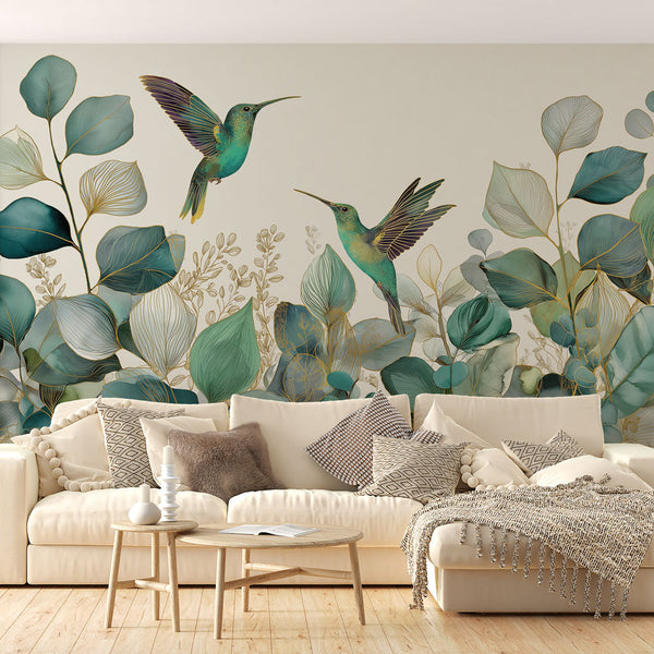 Hummingbird Wallpaper | Emerald Birds in Gilded Foliage