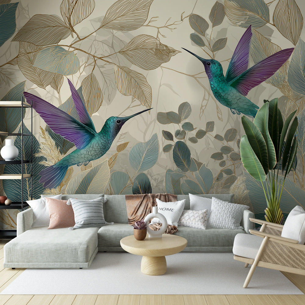 Hummingbird Wallpaper | Vivid Birds on Golden Green Leaves