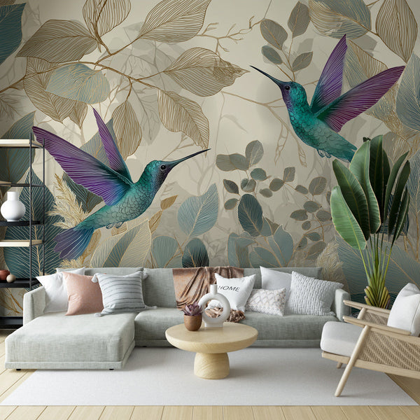 Hummingbird Wallpaper | Vivid Birds on Golden Green Leaves