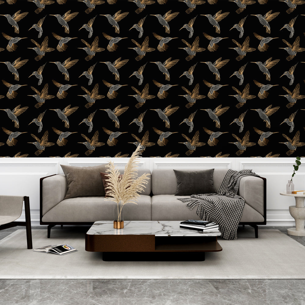 Hummingbird Wallpaper | Birds in Flight on Black Wall Mural