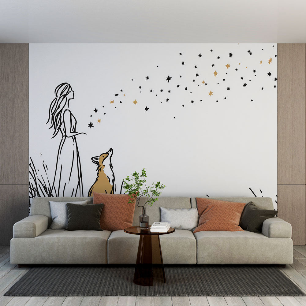 Fairy Tale Wallpaper | Woman and Fox Starry Sky Wall Mural