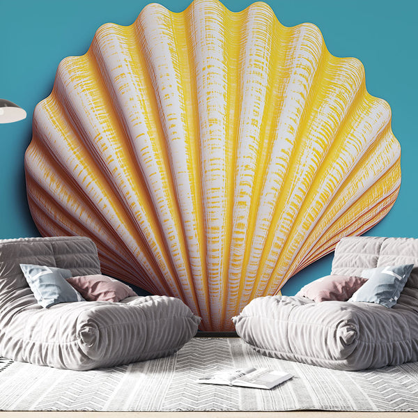 Turquoise Seashell Wallpaper | White Yellow Coastal Wall Mural