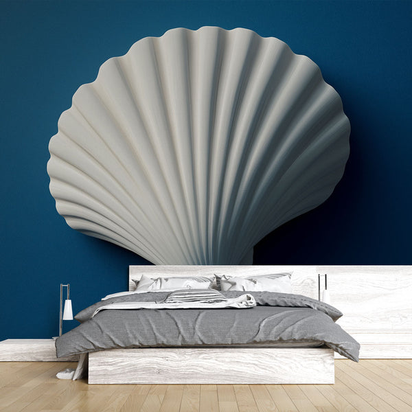 Embossed Seashell Wallpaper | White Relief on Blue Wall Mural