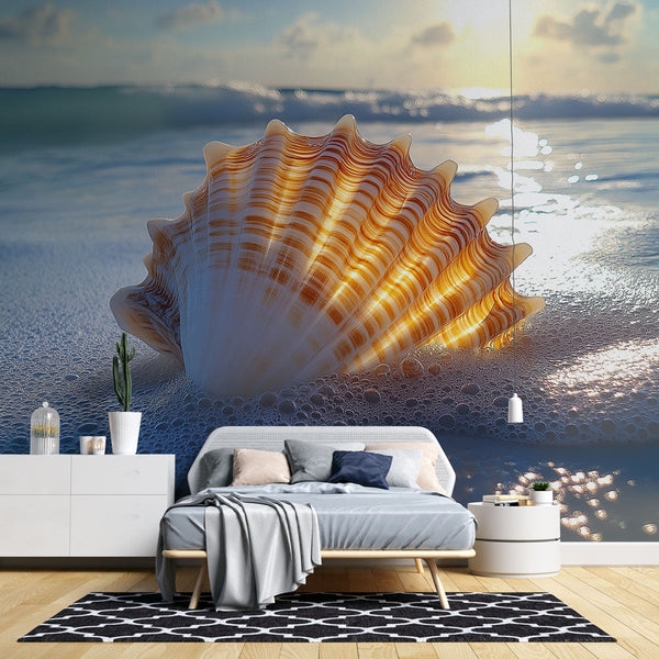 Seashell Wallpaper | Sunlit Spiral Shell on Golden Beach Wall Mural