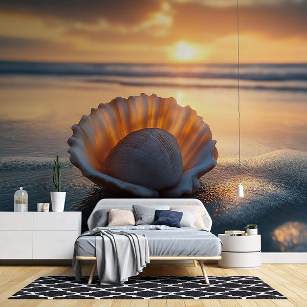 Sunset Beach Seashell Wallpaper | Golden Hour Wall Mural