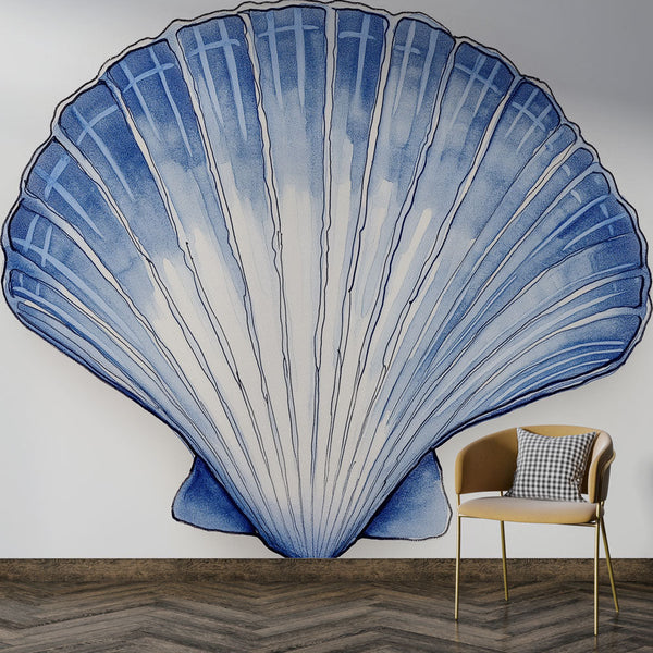 Blue Watercolor Shell Wallpaper | Painterly Marine Wall Mural