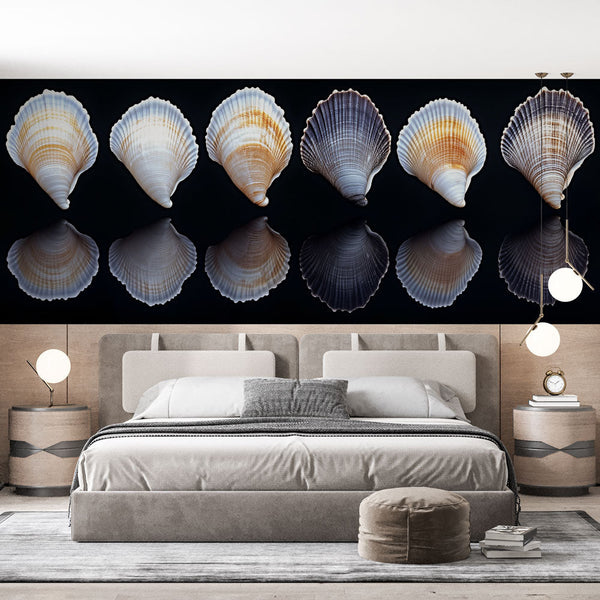 Black Background Shell Wallpaper | Dramatic Coastal Wall Mural