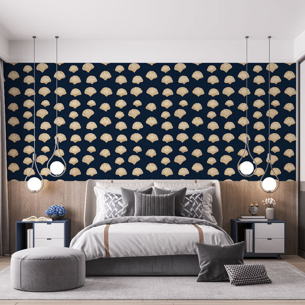 Seashell Wallpaper | Golden Shell Motif on Navy Blue