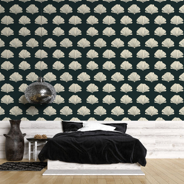 Seashell Wallpaper | Beige Shells on a Deep Dark Ground