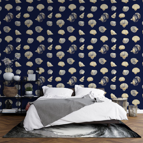Seashell Wallpaper | Elegant Marine Motifs on Navy Blue