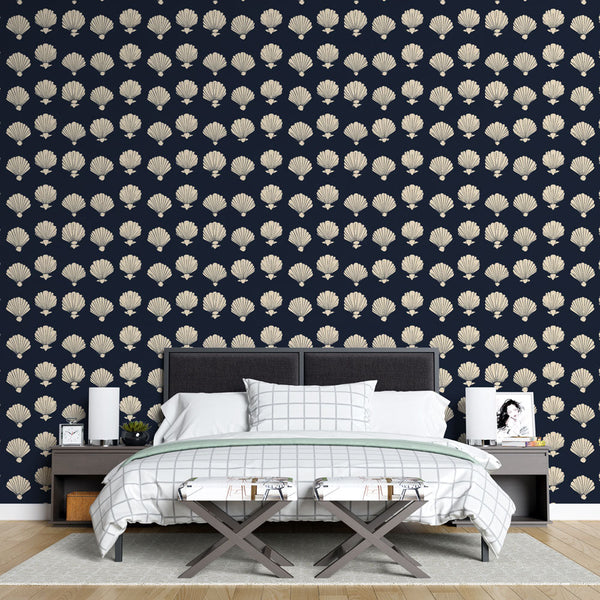 Seashell Wallpaper | Regular Shell Motif on Navy Blue