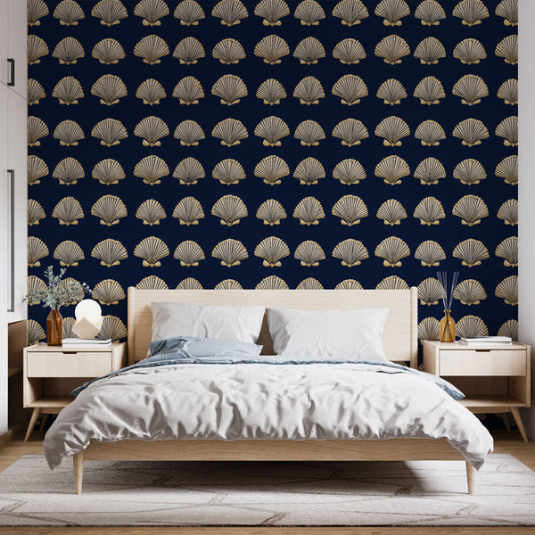 Seashell Wallpaper | Golden Shells on Deep Navy Blue