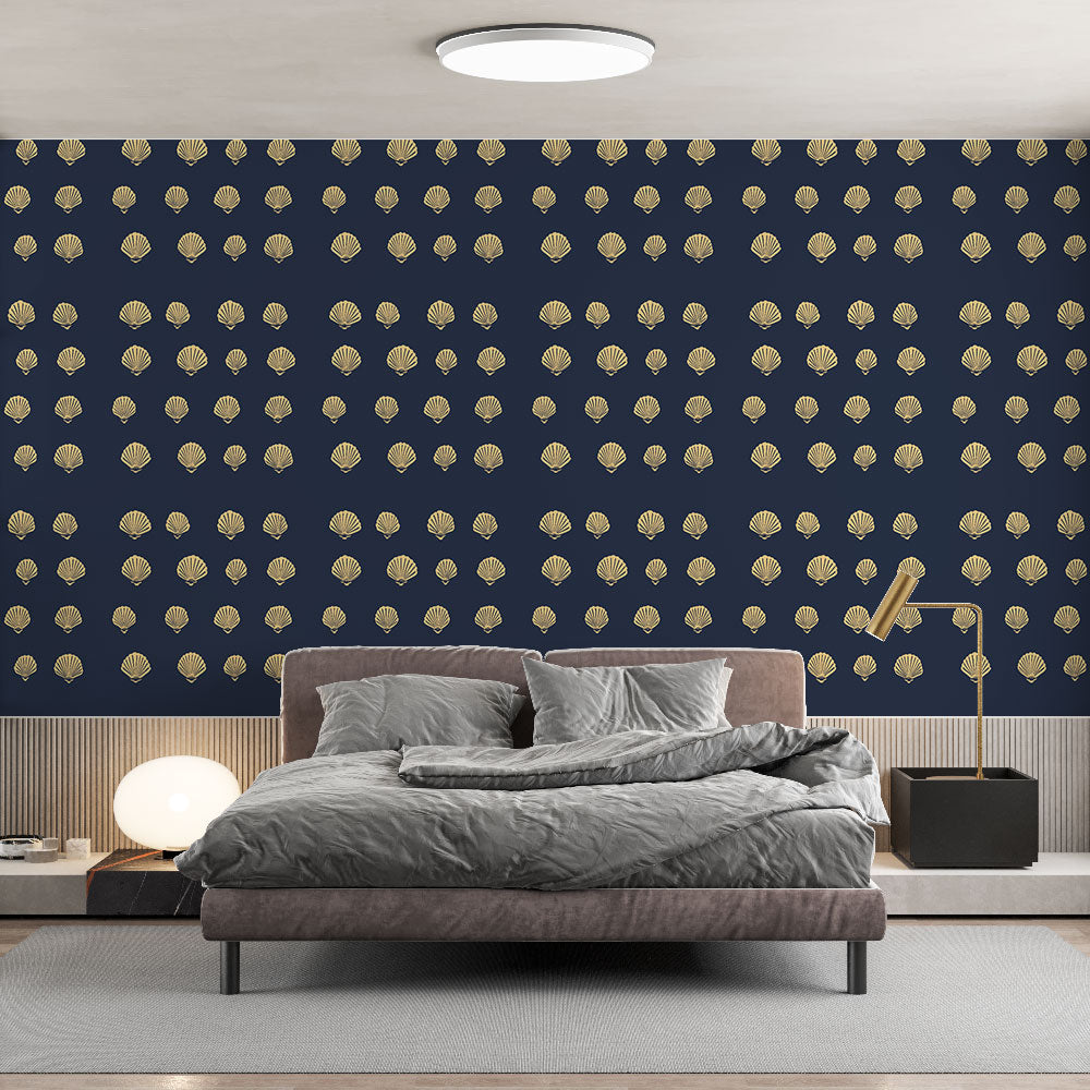 Seashell Wallpaper | Repeating Gold Shells on Navy Blue