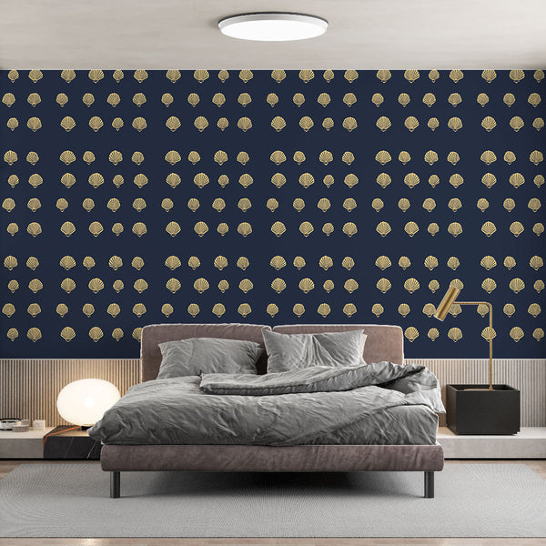 Seashell Wallpaper | Repeating Gold Shells on Navy Blue