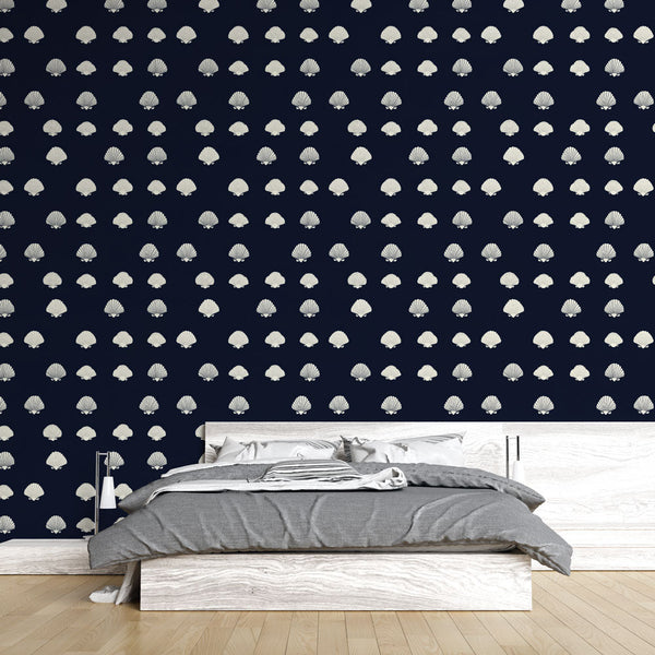 Seashell Wallpaper | White Shells on a Navy Blue Ground