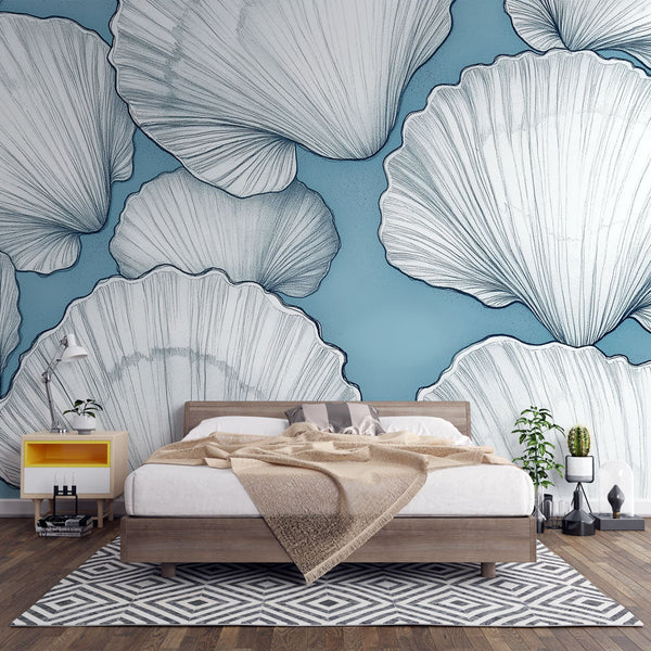 Calming Blue Shells Wallpaper | Stylised Coastal Wall Mural