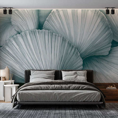 Aquatic shells wallpaper on green background for refined biophilic interior design schemes