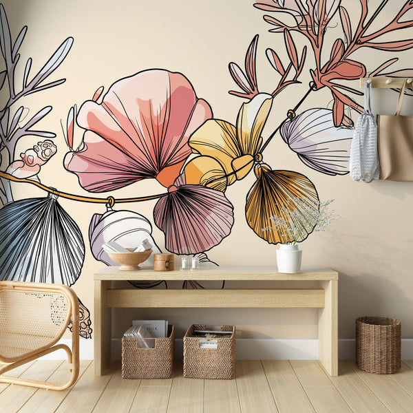 Shells and Flowers Wallpaper | Delicate Florals with Seashells