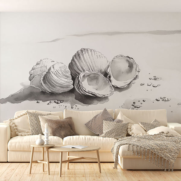Black White Seashell Wallpaper | Elegant Illustration Wall Mural